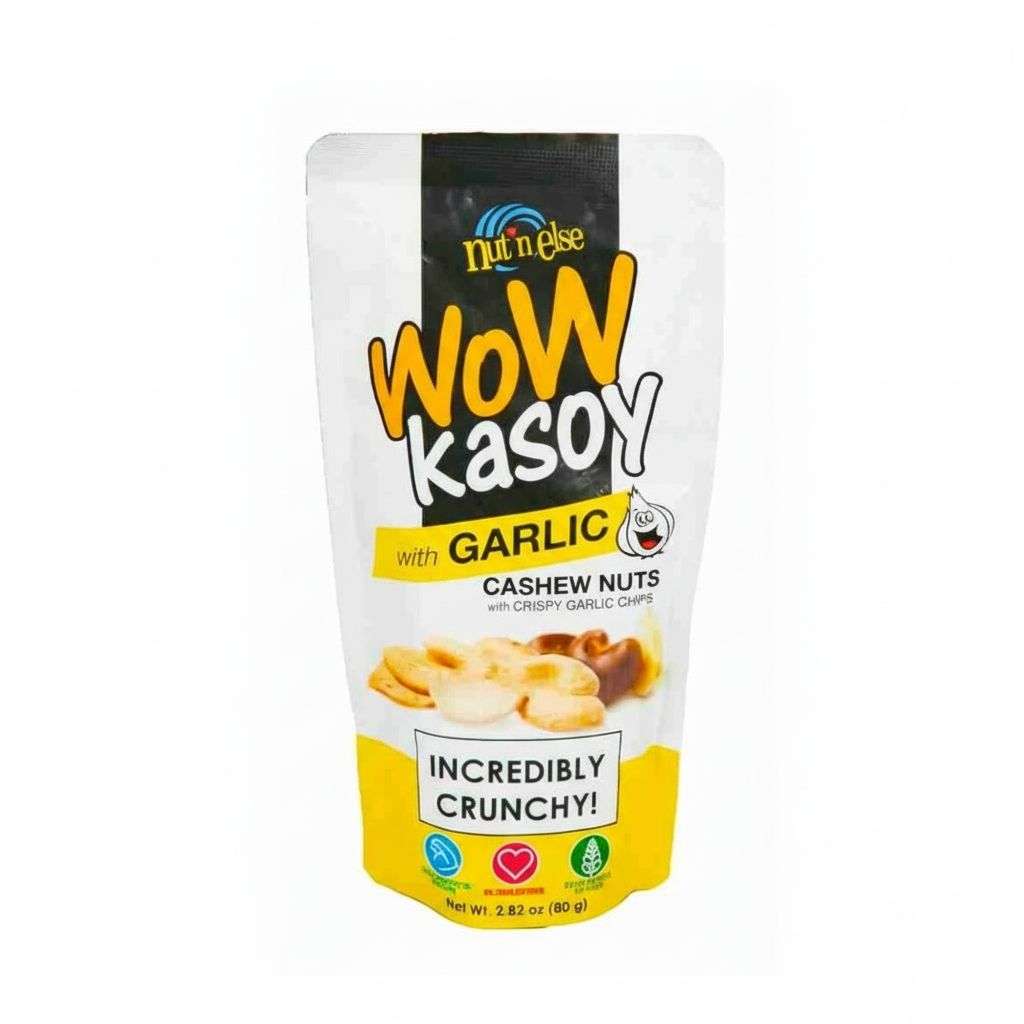 Packaging of Wow Kasoy Garlic with Cashew Nuts on a white background